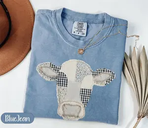 Faux Patchwork Cow T-Shirt, Quilted Farm Animal Head Tee, Gingham Floral Rustic Cow Lover Shirt, Cottagecore Farmhouse Gift