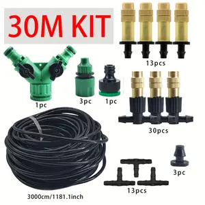 [15m-30m Garden Spray Kit] Multi-Function Outdoor Spray System -Garden Cooling & Irrigation Kit with Brass Atomizing Nozzle & 1/4 Inch Hose, Suitable for Garden & Greenhouse