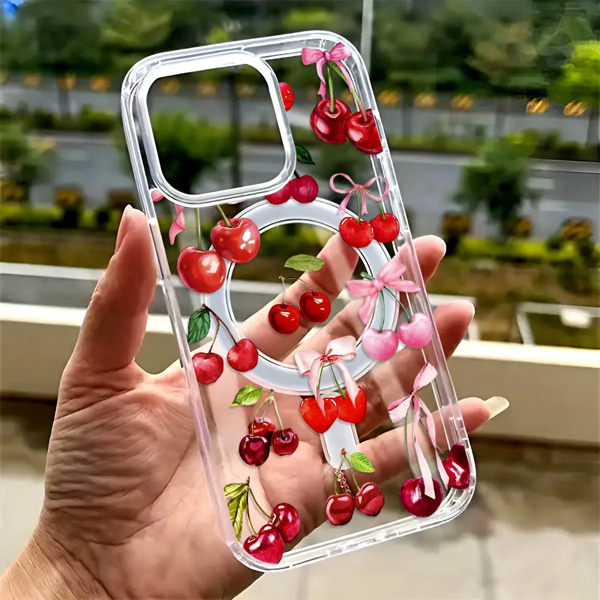 Fruit Cherry Bow Compatible with iPhone 16 15 Pro Max Plus 14 13 12 mini 11 X XR XS Beautiful Gift Durable shockproof Anti-Scratch PC Protective Case Design Offers Shockproof Supports Magnetic Wireless Charging