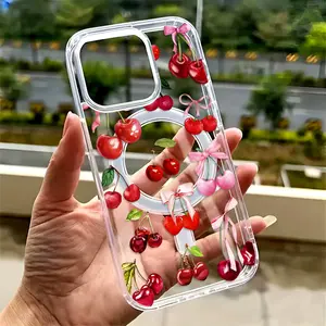 Fruit Cherry Bow Compatible with iPhone 16 15 Pro Max Plus 14 13 12 mini 11 X XR XS Beautiful Gift Durable shockproof Anti-Scratch PC Protective Case Design Offers Shockproof Supports Magnetic Wireless Charging
