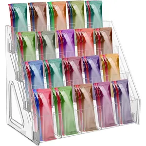 4 Tier Drink Packet Organizer Rack with 20 Compartments, Acrylic Water Flavor Packet Organization Holder for Powdered Mixes Sugar Packet Storage for Kitchen Cabinet Pantry Office, Easy Assembly