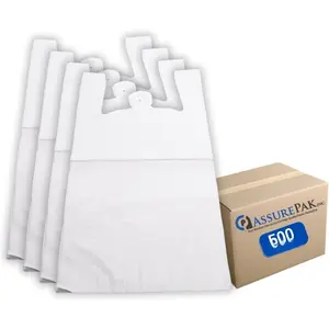 ASSUREPAK  White Unprinted HDPE T-Shirt Plastic  for , Groceries, Merchandise, Convenience Store, Supermarket, Restaurant - 17"X8"X29" - Pack of 500  - 18 microns