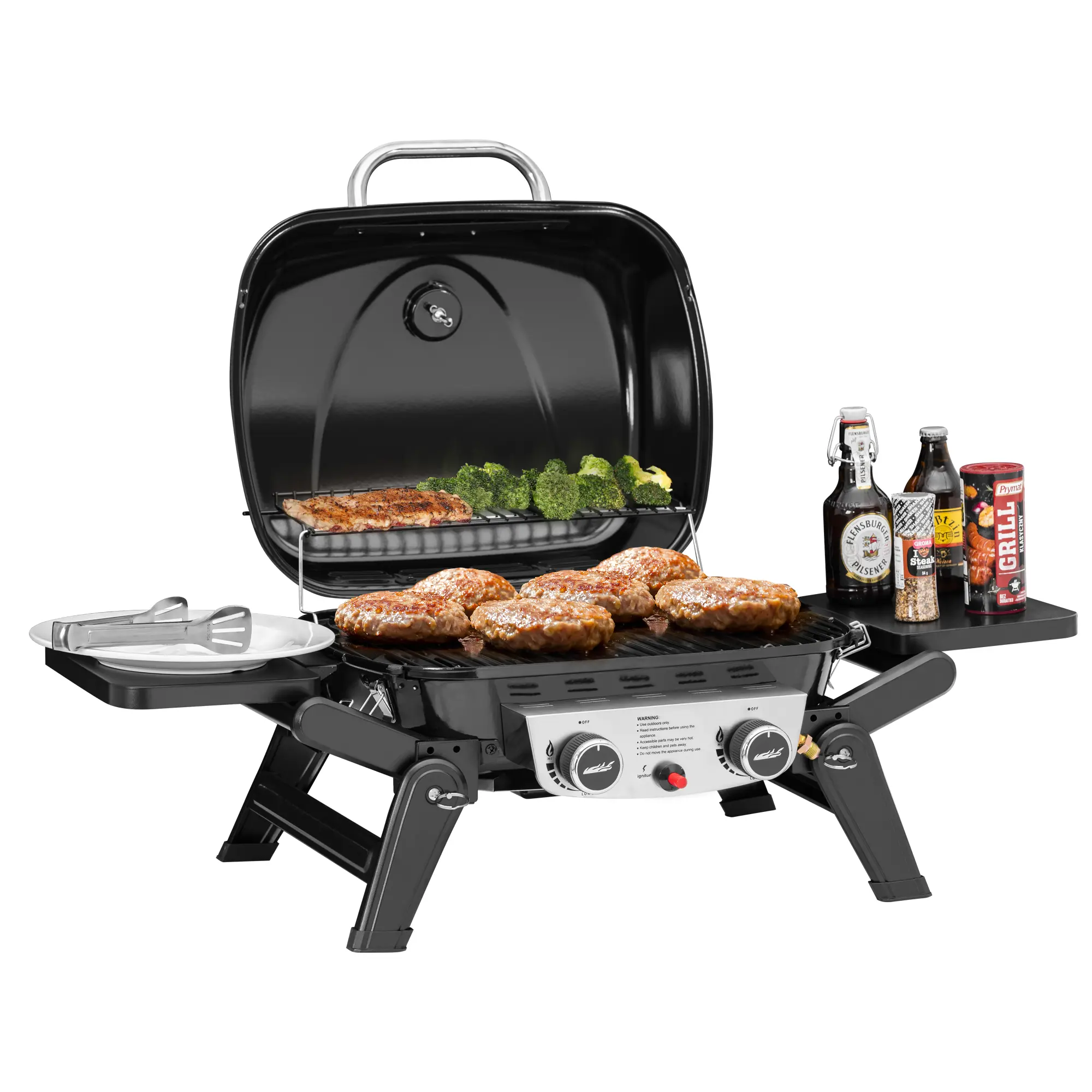 Royal Gourmet GT2005 2-Burner Portable Propane Gas Grill, 17,000 BTU Tabletop Gas Grill with 370 Sq. In. Cooking Area, Foldable Side Tables & Legs, Built-In Temperature Gauge, for Camping, Tailgating, Patio & Backyard, Black
