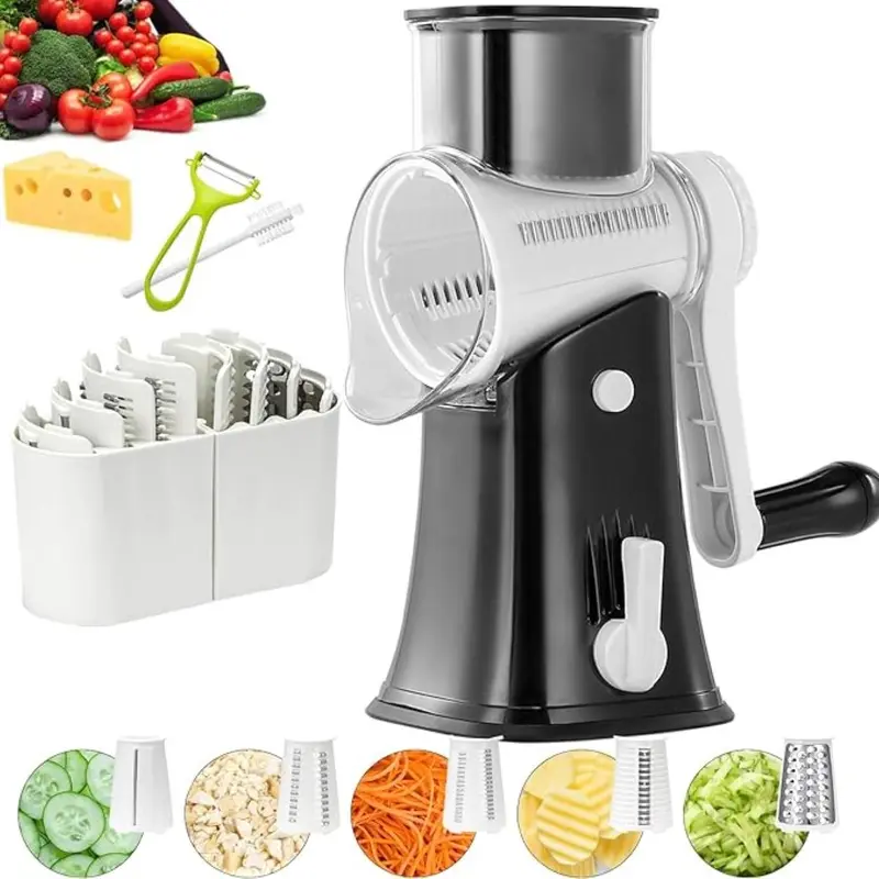 5-in-1 Stainless Steel Rotary Grater - Smooth Rustproof Kitchen Peeler-Grater Mandoline, Durable Plastic Handle, Floor Suction Base, Shredding Tool for Vegetables, Nuts & Chocolate, 2.4 lb Capacity