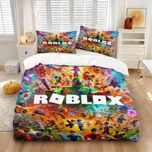 A Roblox-style block game world themed duvet cover set, Bedroom bedding set, 1 duvet cover & 1/2 coreless pillowcase, block-shaped character designs, vibrant colors, cheerful atmosphere, ideal for children's bedrooms, multiple styles available