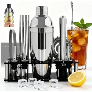 14-Piece Silver Cocktail Shaker Bartender Kit with Stand, 25oz Shakers, Jigger, Drink Mixer and Recipes Booklet for Home Bar Party