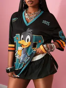 American Retro Cartoon Duck Print Mesh Eye Short Sleeve T-Shirt for Women, New Y2K Style, Loose-Fit Sport Top, All Seasons