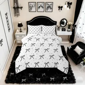 Feelyou Black and White Bowknot Digital Print Breathable Microfiber Comforter Set, Multi-Size Sets with Cartoon Bow Design, Kids' Dreamy Princess Galaxy Stars Quilt