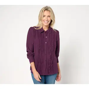 Denim & Co. Heritage Ruffle-Front Puff-Sleeve Button-Up Top