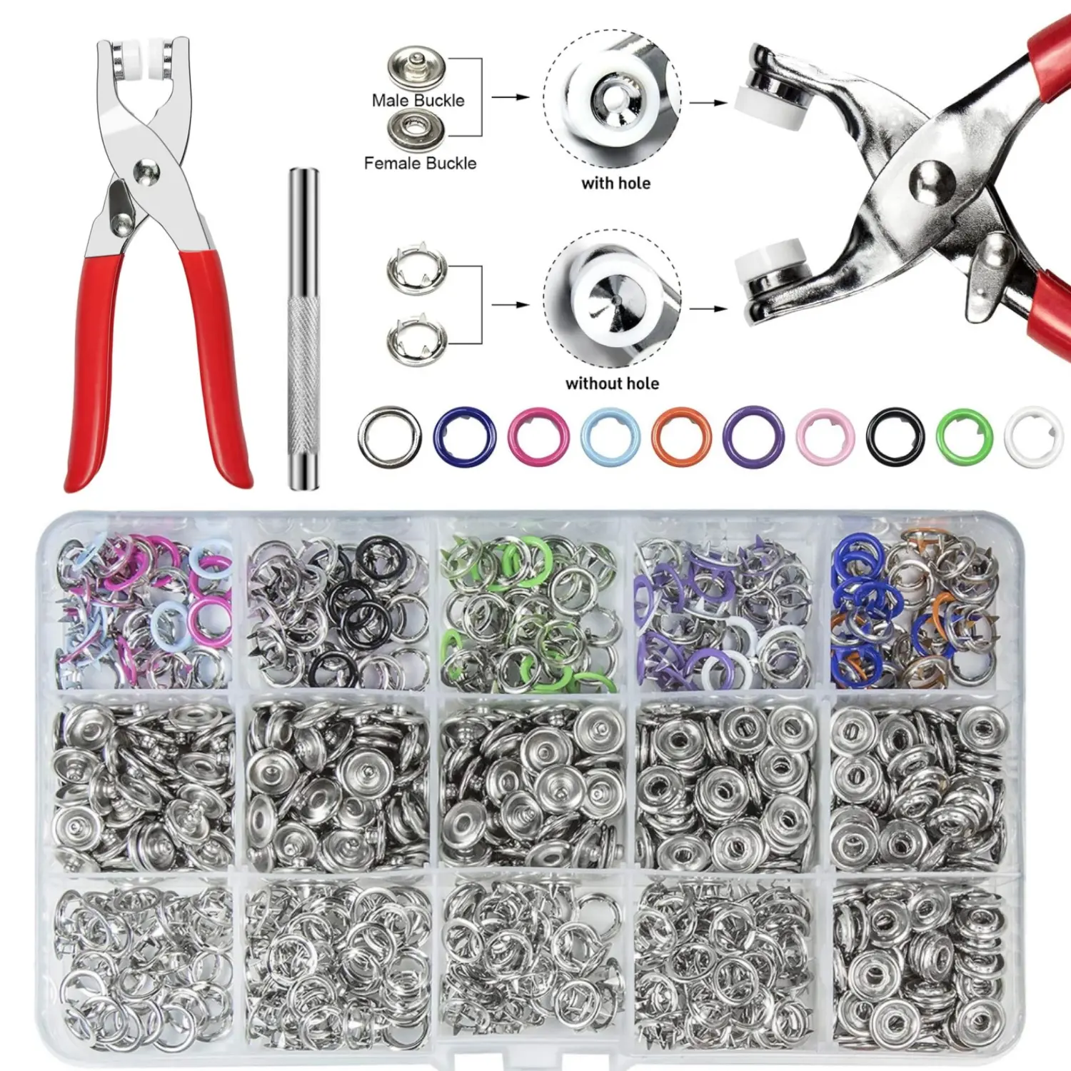 202 Set 9.5 mm Metal Snap Buttons with Snap Pliers, No‑Sew Snap Button Kit with Fastener Pliers Press Tool for Fabric, Clothes, Bibs, Shirts, Crafts and DIY Projects - Home Improvement.