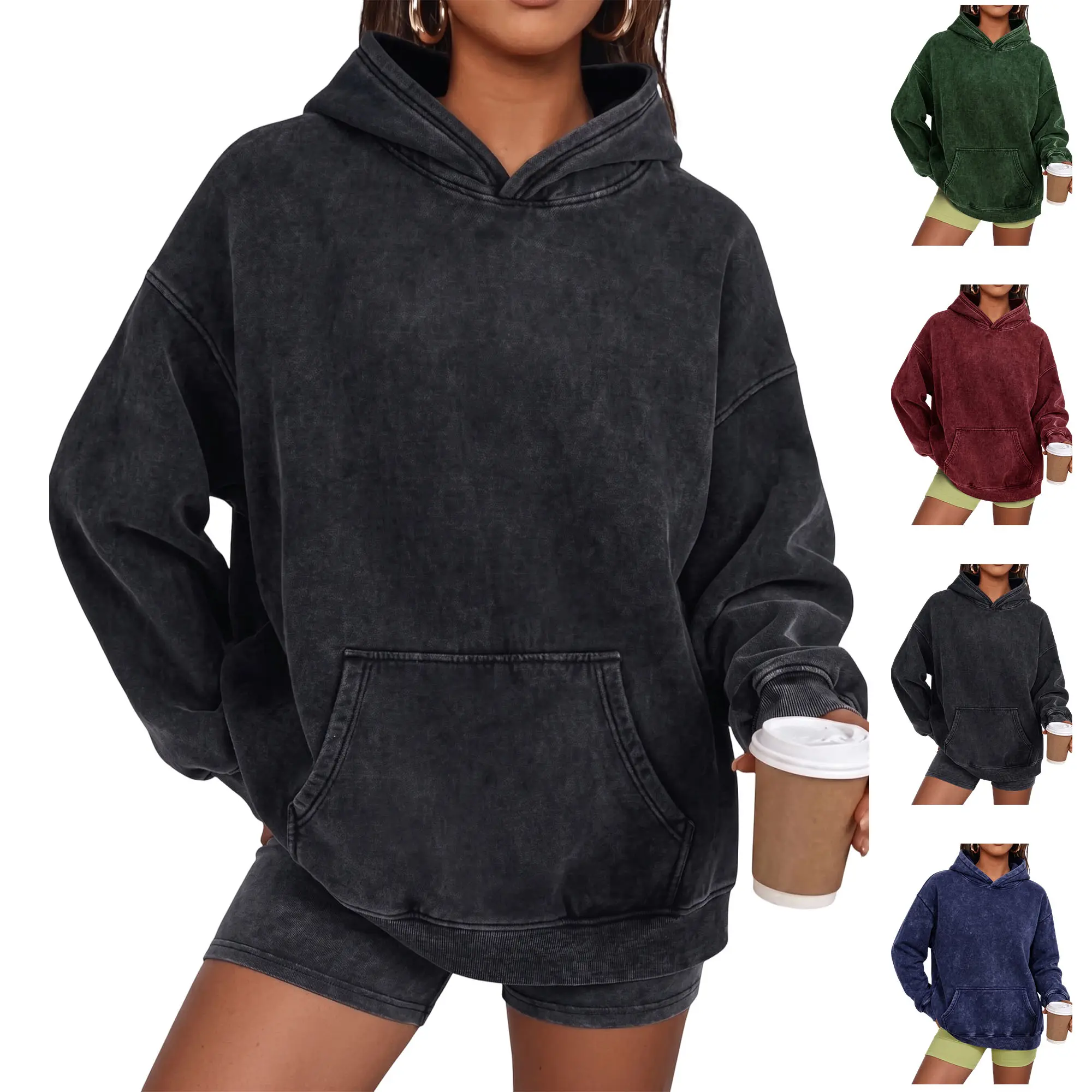 Women's vintage washed hoodie sweatshirt with a loose pullover fit and kangaroo pocket.Soft, comfortable cotton-feel fabric; a versatile outerwear piece for casual streetwear in autumn and winter.