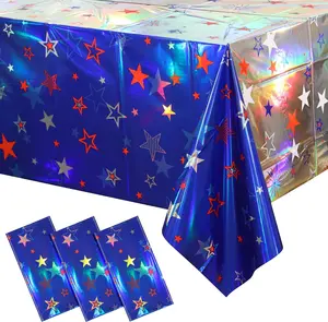 3 Pack 4th of July Iridescent Tablecloth Decorations, Plastic Patriotic Red White Blue Birthday Party Table Cover with Shiny Laser Stars Fireworks for Memorial Day Themed Party Supplies, 54 x108 Inch