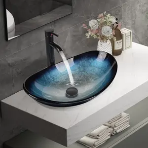 Stylish Oval Glass Basin Ocean-Blue & Silver Green GB0005