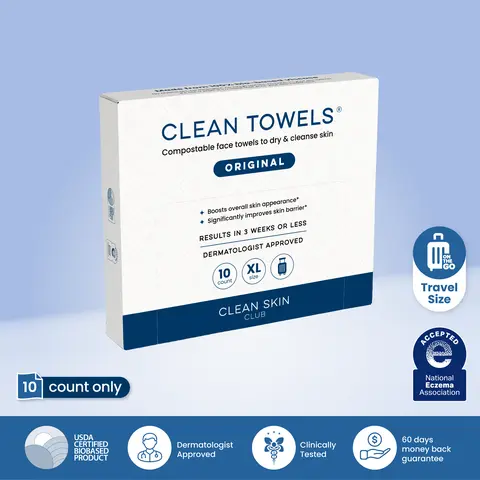 Clean Skin Club Clean Towels XL®, Travel Pack 100% USDA Biobased Disposable Face Towel, Eczema Association Accepted,Dry Wipes, TSA-Approved Travel Essential,1 Pack, 10 Ct Total