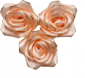 100Pcs Gold Edge Silk Ribbon Rose Petals Pre-Made Glitter Shimmering Flowers for DIY Bouquets,Half-Finished Crafted Shining Forever Flower for Weddings Anniversaries (Shining Light Pink)