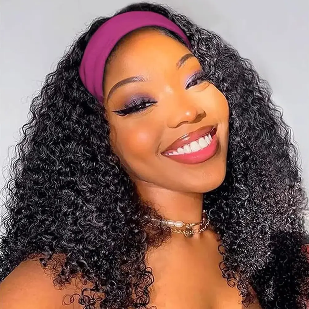 MYLOCKME Hair Headband Wig Human Hair Glueless Kinky Curly Scarf Wig With Headband 200% Density   #SummerVibes#tiktokshopspringglowup