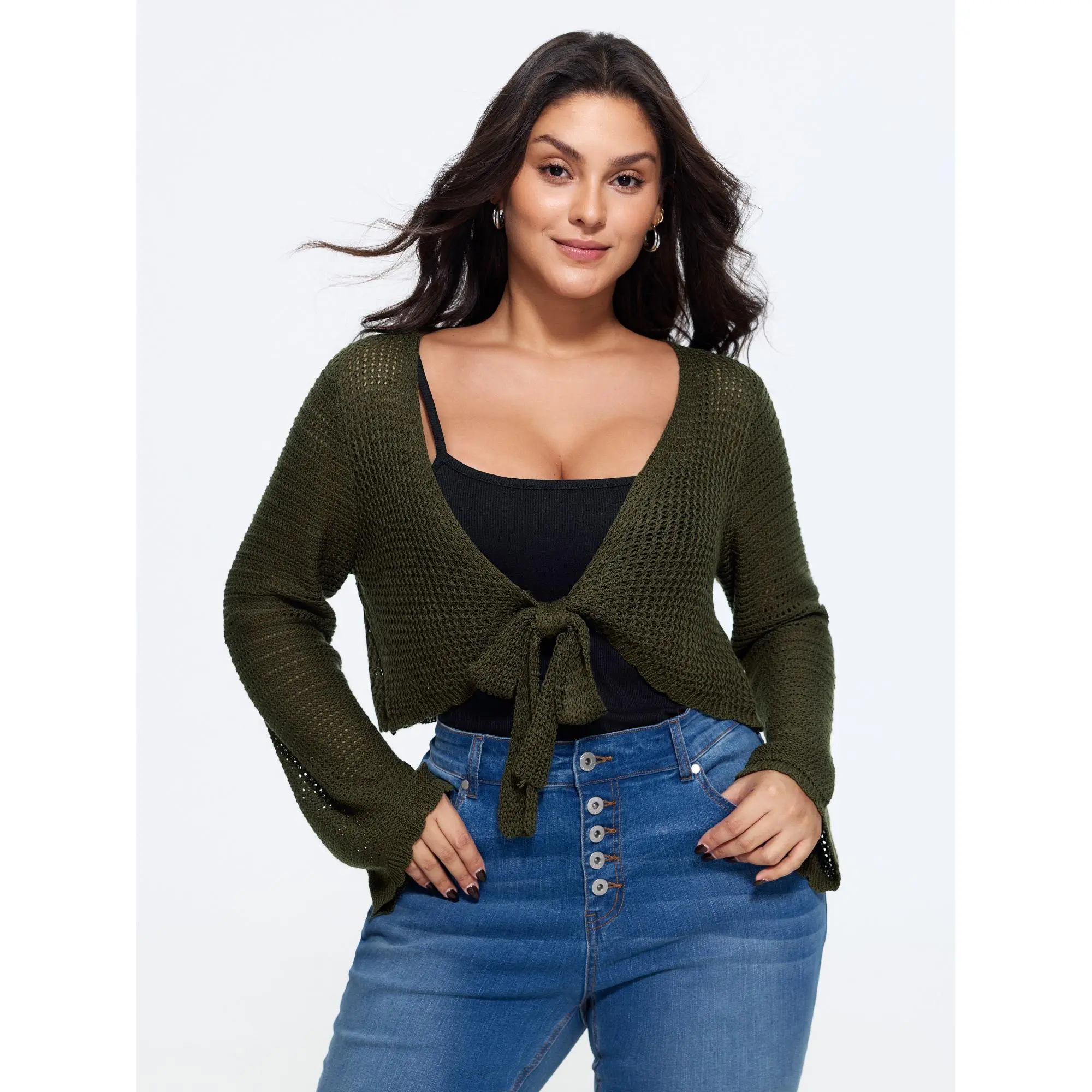 BloomChic Plus Size Cable Knit Cotton Blend Cardigan, Cropped Fit Garment with a Tie-Front and Long Bell Sleeves