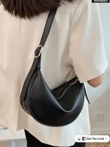 Versatile Fashion Casual Niche Design Minimalist Solid Color Zipper Shoulder Sling Saddle Bag, Large Capacity, Commuter Baguette Bag