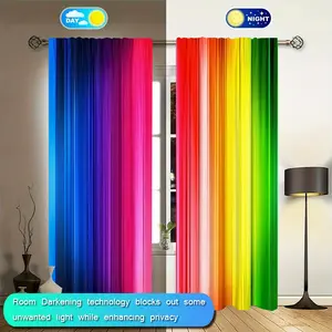 Rainbow Striped Polyester Print Curtains Set, Filtered Light, Rod Pocket Design, Perfect for Bedroom Office Kitchen Living Room