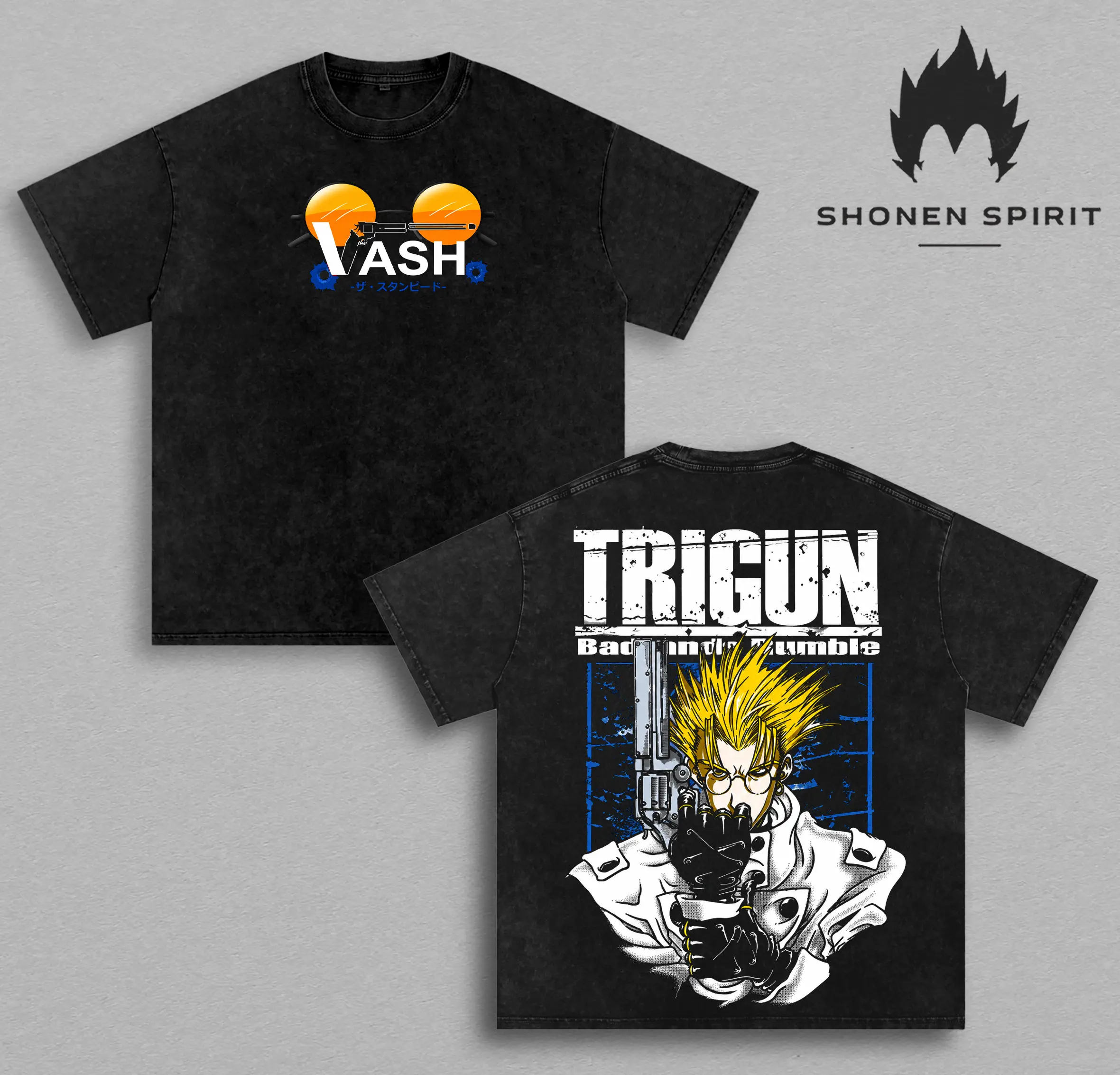 Trigun Vash The Stampede Vintage Washed T-Shirt | Vash Badlands Rumble Anime Graphic Tee | Classic Sci-Fi Western Manga Oversized Heavyweight Cotton Streetwear Unisex Gift