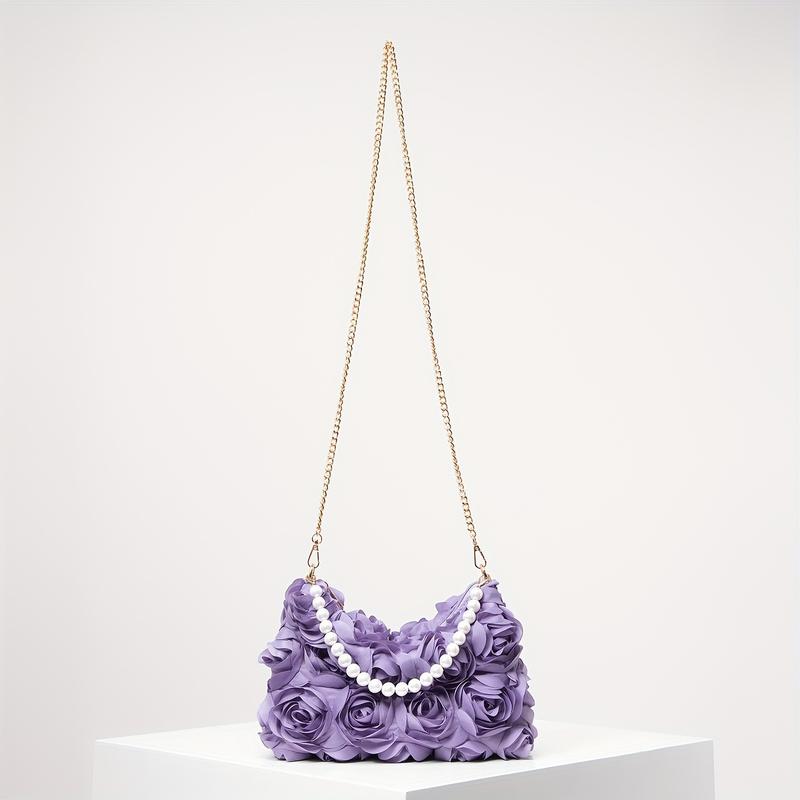 [Wedding Accessory] Elegant Rose-Embellished Crossbody Bag with Faux Pearl Accents - Sweet Pink Floral Evening Clutch, Ideal Valentine's Gift for Women, Polyester Lining, Zip Closure, Wedding Gifts