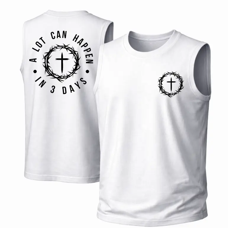 Men’s Cotton Sleeveless Tank Top with “A Lot Can Happen in 3 Days” Christian Graphic Print, Punk Style Crew Neck Muscle Shirt, Breathable Lightweight Summer Streetwear for Gym, Workout, Beach, Vacation, Fitness and Daily Wear