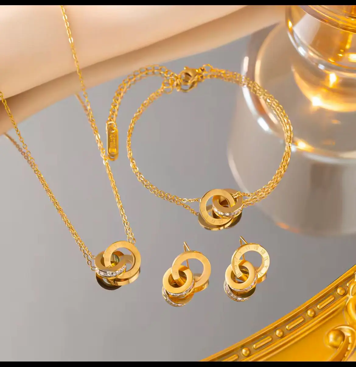 Waterproof 18k Gold Plated Diamond Roman Numeral Bracelet Necklace Earrings Stainless Steel
