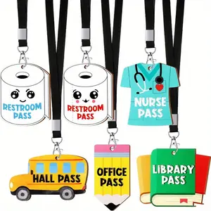 6 Sets Hall Pass Lanyards, Unbreakable Wooden Bathroom Passes for Classroom, Restroom, Library, Office, Nurse School Teacher Supplies, Badge Holder