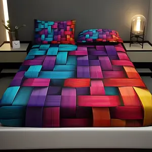 Colorblock Plaid Digital Print Bed Sheet Set, Breathable Polyester Fiber, All Seasons Comfort, 1 Fitted Sheet & 2 Pillowcases