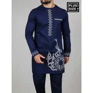 2 Pcs/Set Plus Size Men's Digital Printed Blue Dashiki Set, Long Sleeve, Round Neck, Elastic Waist Pants, African Fashion, Men's Casual Shirt & Pants Set, Party, Date, Wedding