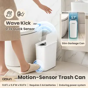 Summervibes Cesun Automatic Motion Sensor Bathroom Trash Can with Lid, 2.6 Gallon Touchless Trash Bin, Smart Plastic Slim Garbage Can Small White Wastebasket for Toilet, Office, rv, Bedroom, Living Room tiktokshopspringglowup