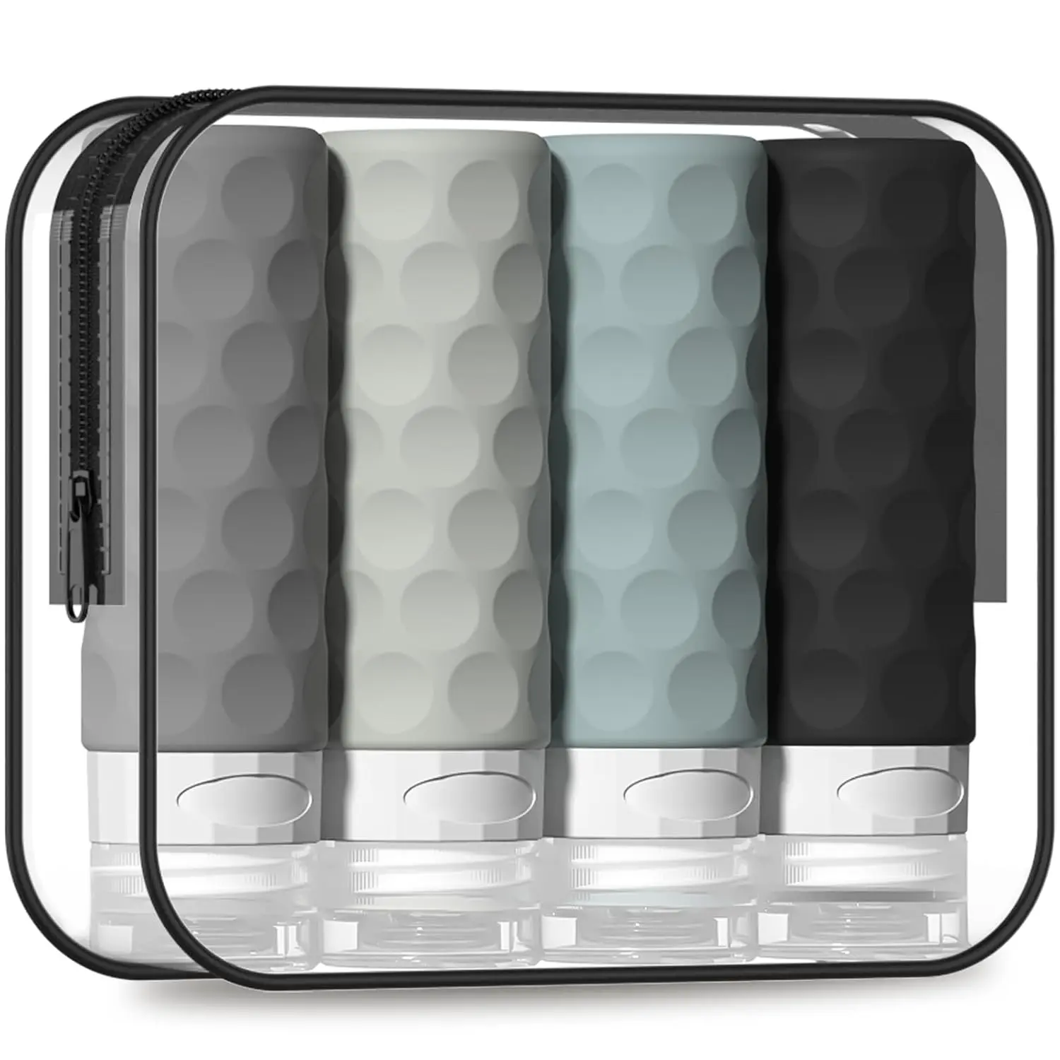Travel Bottles for Toiletries, 4pcs 3oz Travel Size Containers, BPA Free Leak Proof Premium Silicone Bottles, Refillable Liquid Squeezable Accessories W/Toiletry Bag
