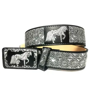 CINTO CHARRO BORDADO HILO PLATEADO. MENS WESTERN SILVER EMBROIDER LEATHER BELT