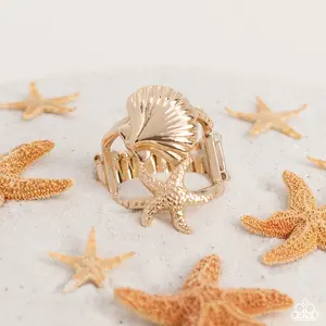 Seashell Showcase - Gold Seashell and Gold Starfish Sit on Gold Band Stretchy Ring