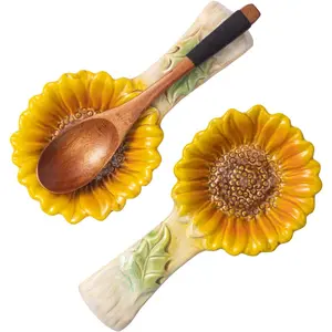 2 Pack Spoon Rest for Stove Top, Sunflower Ceramic Spoon Holder for Kitchen Counter Cooking Utensil Ladle Spatula Holder Cute Spoon Rest Sunflower Kitchen Decor Items House Warming Birthday