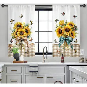 2pcs Country Style Sunflower Butterfly Sheer Curtains, Kitchen Layer Short Window Curtain Light Filtering Rod Pocket Cafe Curtains Suitable for Small Half Windows