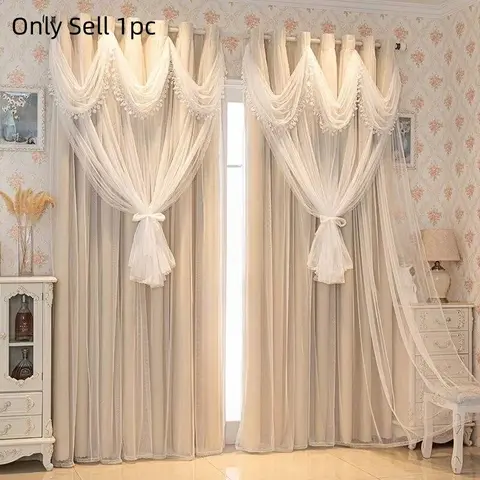 European Style Blackout Sunshade Curtain, Ruffled Hem Design, Living Room Drapes, High-End Double Layer Window Screen, 100% Light Blocking, Net Curtains Window, Curtains And Nettings, Home Decorative Curtain, Home Decoration Curtain, Polyester Curtain