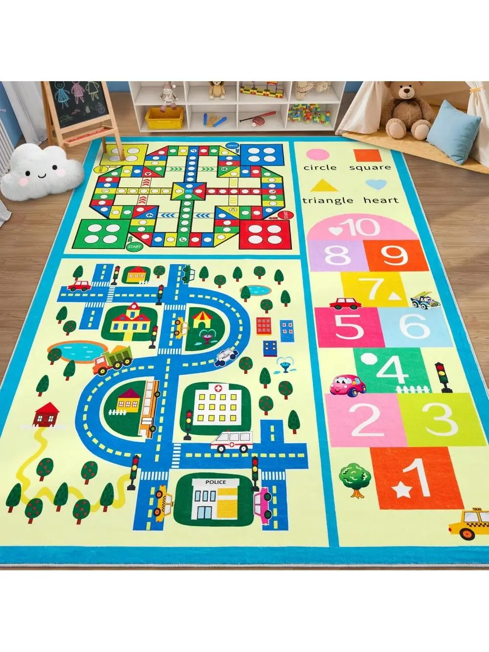 GARVEE 5x7 ft Playful Truck Theme Pearl Velvet Fiber Activity Play Mat - Low-Pile Weave, Lightweight, Machine Washable, Stain-Resistant, Non-Slip, Non-Shedding, Stable Transportation-Themed Floor Mat for Kid Room