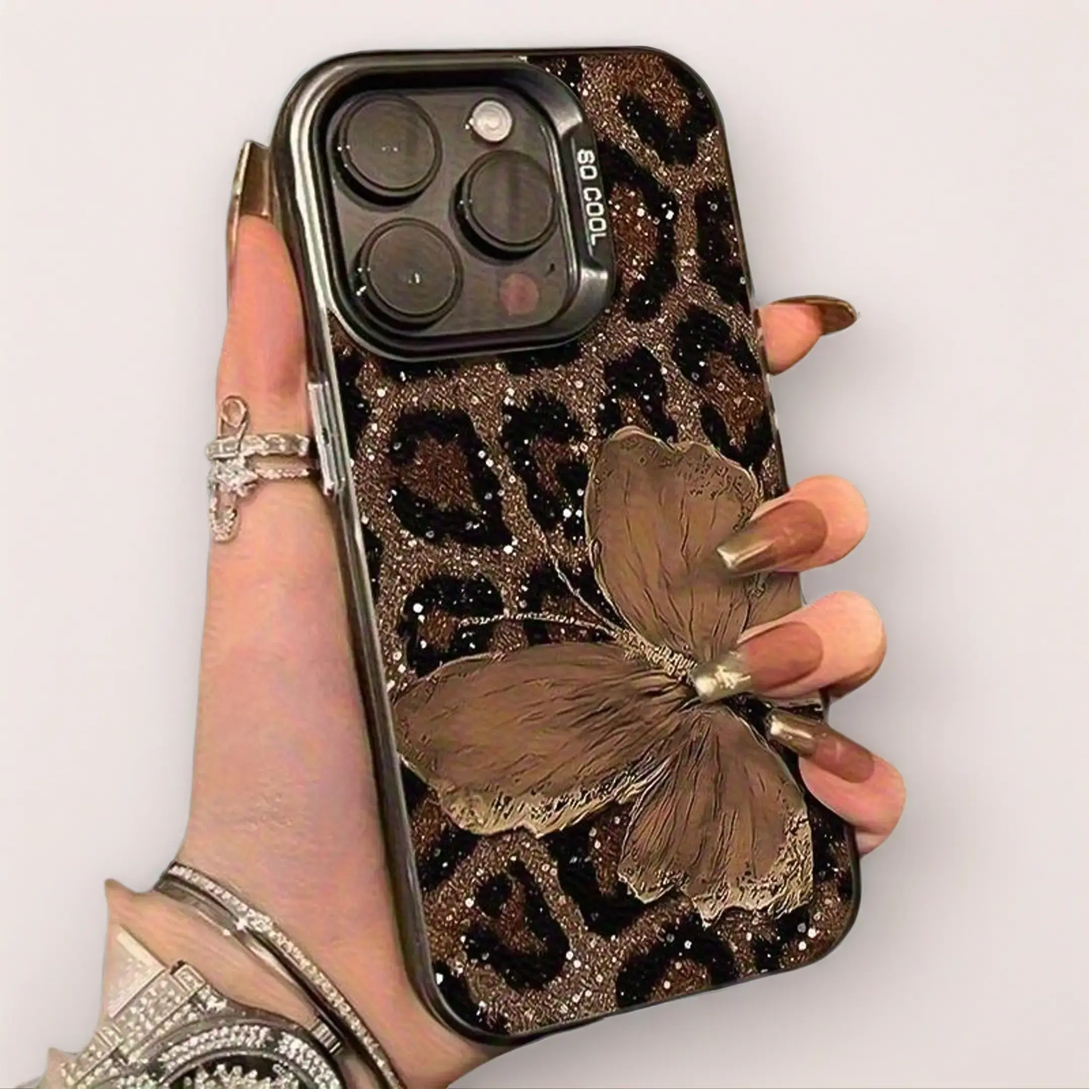Brown Butterfly Leopard Print Laser Effect Cellphone Cover, Protective Casing for iPhone 17,16,15,14,13,12,11,XS,XR,X,7,8,12/13 Mini,Plus,Pro,Max,SE Handheld Devices - Ideal Birthday Gift Accessory