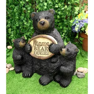 Large Rustic Forest Black Bear With 2 Cubs Holding Mama Knows Best Sign Statue