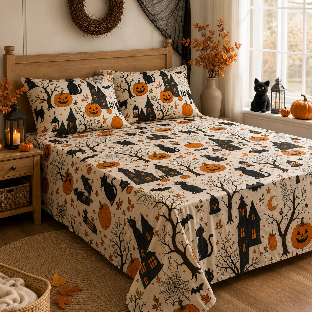 Halloween Sheet Set Queen - Black Cat Pumpkin Bedding 4 Piece, Soft [Material] Bed Sheets with Deep Pocket Fitted Sheet, 2 Pillowcases Flat Sheet, Spooky Cute Bedroom Decor for Women