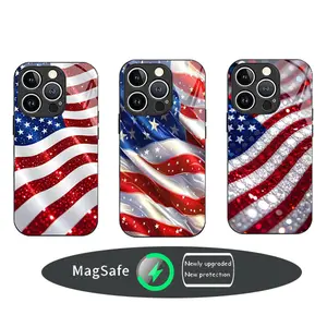 Glass magnetic shell Patriotic American Flag Phone Case compatible with iPhone 16/15/14/13/12/11 and Samsung Galaxy S26/S25/S24/S23/S22, slim protective cover for Independence Day