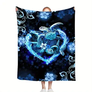 Sea Turtle Throw Blanket, Blue Bohemian Coastal Decor Cover, Soft Animal Bed Blanket for Couch & Sofa, Cozy Graduation Gift, Boho Office Nap Blanket, Summer Camping Essential