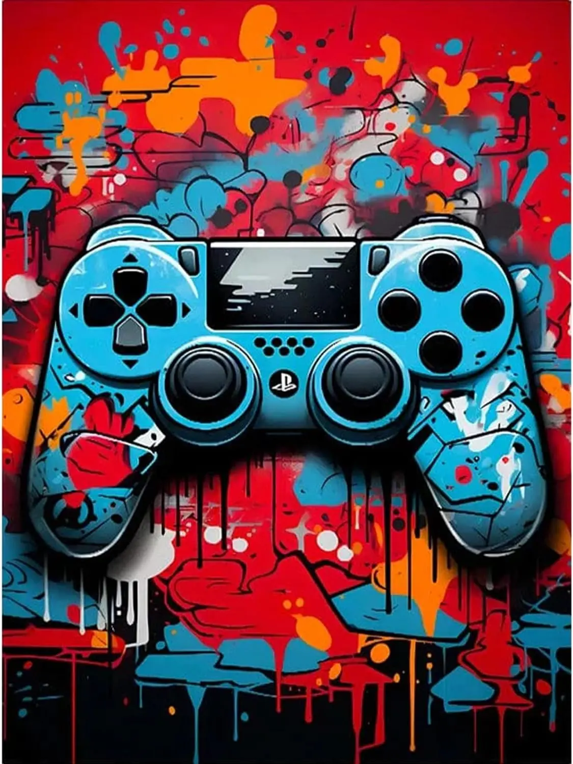 5D Diamond Painting Kit Blue Street Art Gamepad Graffiti Splash Paint Drip Red Background Modern Gamer Streetwear Pop Art Crystal Rhinestone Wall Decor Gift