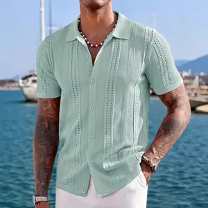 Men's Knit Shirts Short Sleeve Button Down Polo Shirt Vintage Casual Summer Beach Shirts