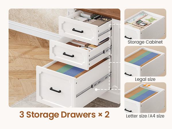 SEDETA 67" Farmhouse L Shaped Desk with Hutch, Executive Home Office Desks with 4 Drawers & Storage Cabinet, Corner Computer Desk with Sliding Doors, File Drawer & Power Outlet