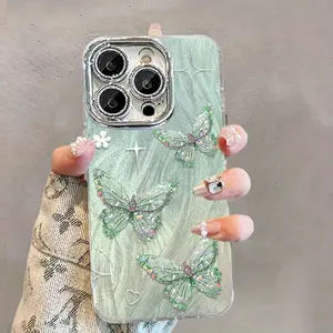 Green Shadow Butterfly Pattern Mobile Phone Case with Bracelet Lanyard Anti-Fall Non-Slip TPU Full-Cover Lens Protective Case for iPhone 17 16 15 14 13 12 11 XS X Gift