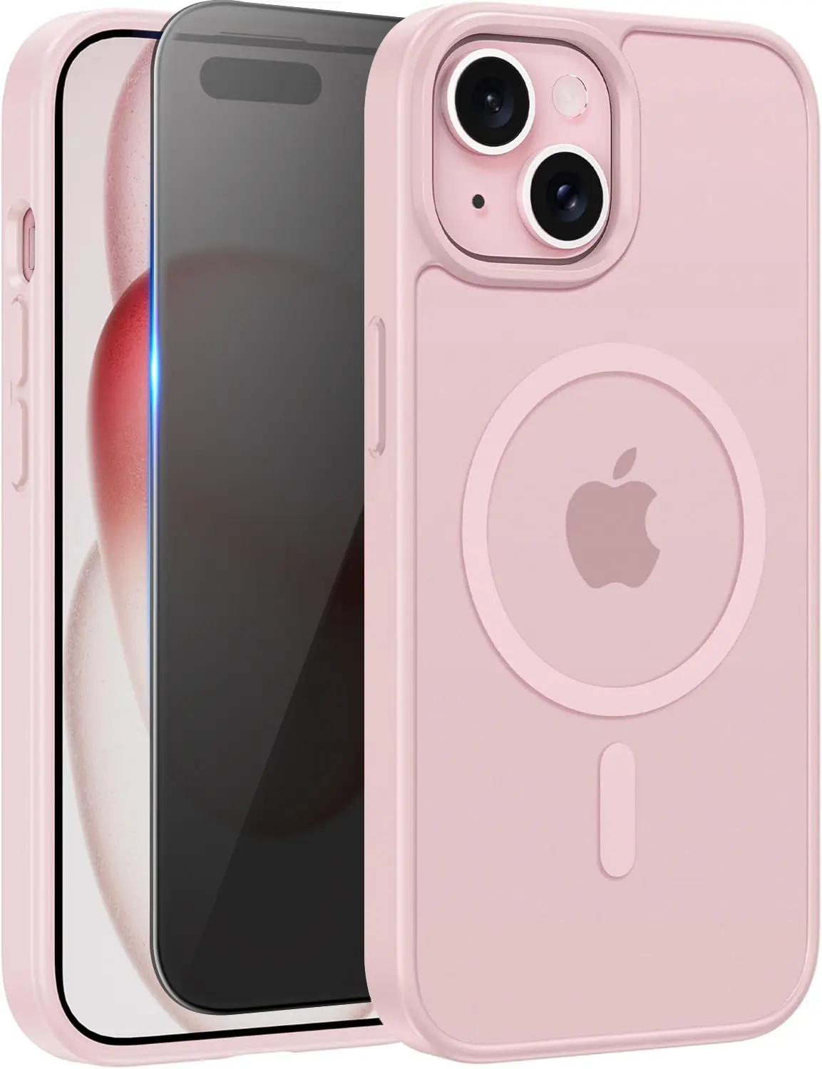 Magnetic for iPhone 15 Case Matte, with Privacy Tempered Screen Protector, iPhone 15 Phone Case Compatible with MagSafe Frosted Translucent Shockproof Anti-Scratch Slim Fit Case Military Grade Protection (Pink)