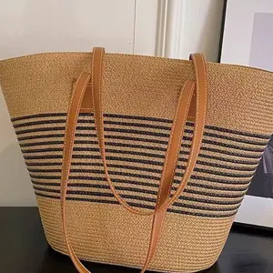 Summer Straw Woven Bag for Women, Large Capacity Beach Tote Bag & Crossbody Bucket Bag, Lightweight Breathable Handmade Shoulder Bag Perfect for Seaside Vacation, Travel, Shopping, Daily Commute & Outdoor Activities,summervibes