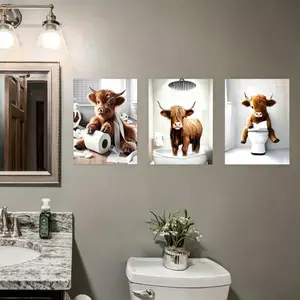 Highland Cow Pattern Bathroom Decor, Unframed Painting Wall Art, 4 Counts/set Rustic Farmhouse Prints Home Decor Accessory Ornaments, Funny Animal Decoration